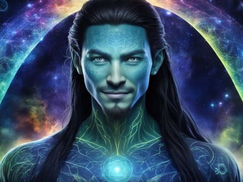 Mystical Blue Alien Man with Cosmic Energy