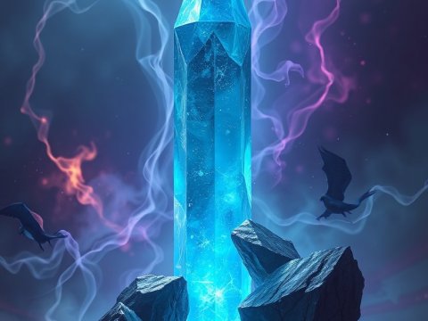 Mystical Blue Crystal Tower Amidst Dark Rocks