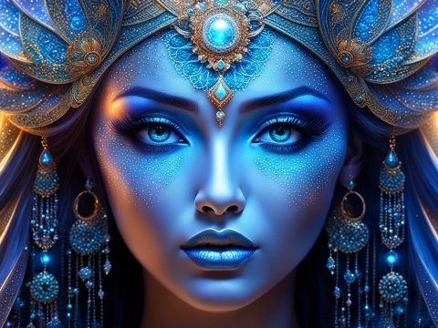 Mystical Blue Goddess with Ornate Jewelry and Cosmic Aura