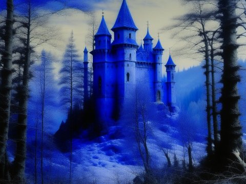 Mystical Blue Violet Castle in Enchanted Forest