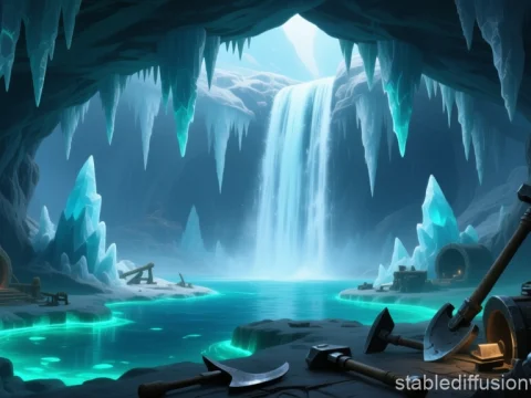 Mystical Brine Cavern with Waterfall and Mining Tools