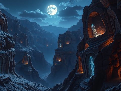 Mystical Canyon with Glowing Crystals Under Full Moon