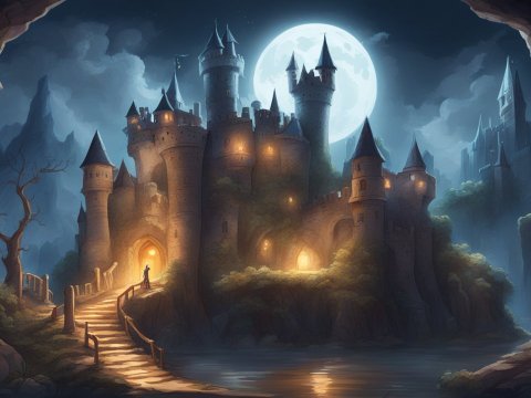 Mystical Castle Illuminated by Full Moon at Night