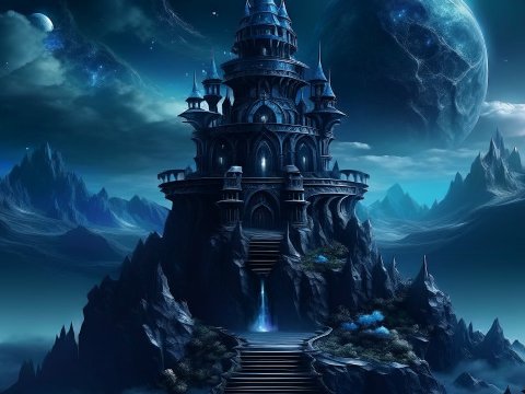 Mystical Castle on Alien Mountain Under Twin Moons