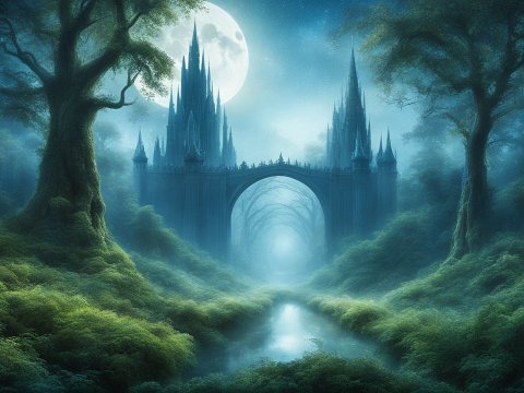 Mystical Castle Under Full Moon in Enchanted Forest