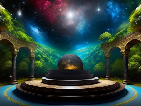 Mystical Cosmic Garden with Ancient Columns and Orb