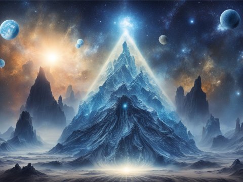 Mystical Cosmic Mountains with Glowing Pyramid