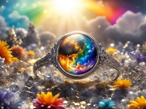 Mystical Cosmic Ring Amidst Vibrant Flowers and Crystals