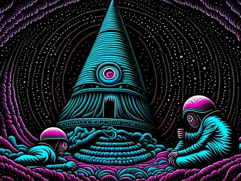 Mystical Cosmic Ritual with Astronaut Figures and a Towering Eye