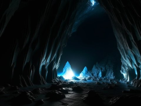 Mystical Dark Ice Cave Illuminated by Blue Light