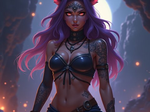 Mystical Demon Woman with Purple Hair and Red Eyes