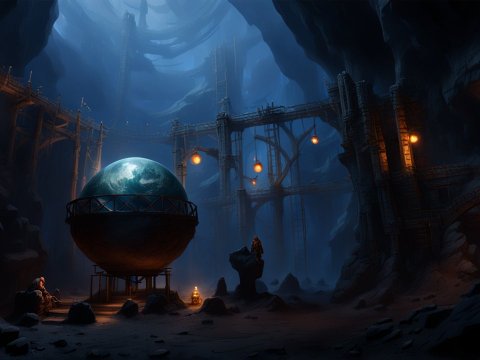 Mystical Dwarf Cavern with Giant Globe and Lanterns