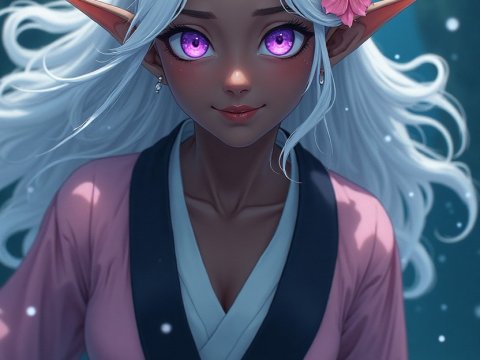 Mystical Elf Girl with White Hair and Violet Eyes