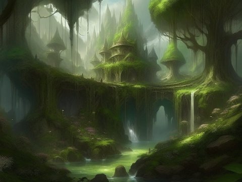 Mystical Elven Realm with Enchanted Forest and Waterfalls