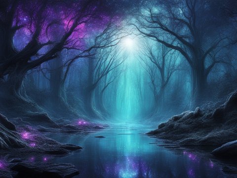 Mystical Enchanted Forest with Glowing Purple Lights
