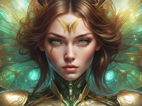 Mystical Female Warrior with Golden Butterfly and Intricate Armor