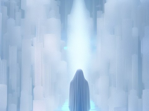 Mystical Figure in Illuminated Ethereal Corridor