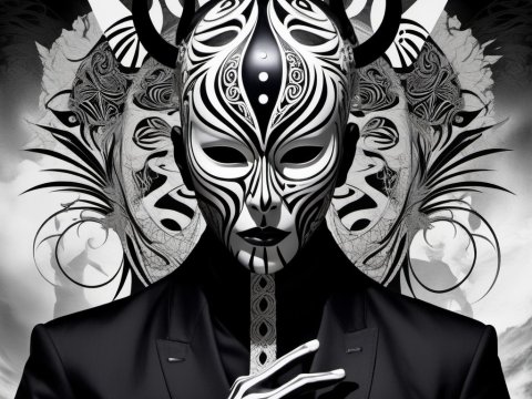Mystical Figure in Ornate Black and White Mask