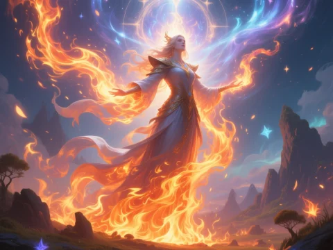 Mystical Fire Sorceress in a Magical Landscape