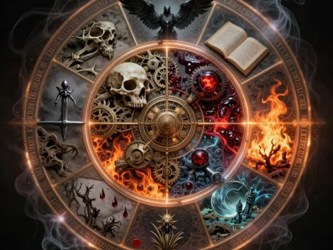 Mystical Floating Artifact with Skulls and Elemental Symbols