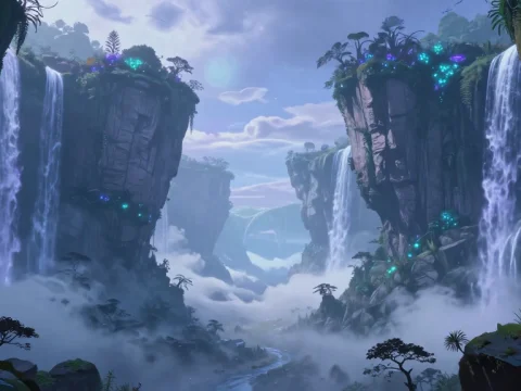 Mystical Floating Cliffs with Waterfalls and Glowing Flora