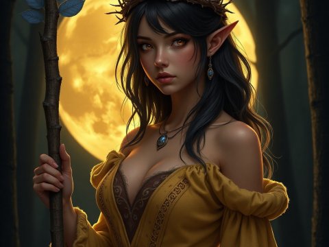 Mystical Forest Elf Woman Under Full Moon