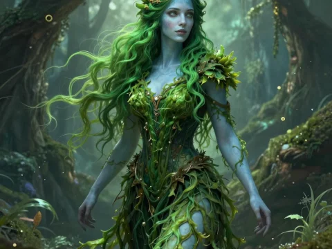 Mystical Forest Nymph with Green Hair and Seaweed Dress