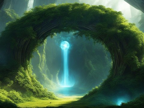Mystical Forest Portal with Glowing Orb and Waterfall