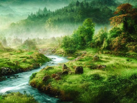 Mystical Forest River in a Lush Fantasy Landscape