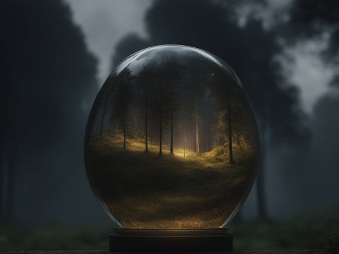 Mystical Forest Scene Inside a Glass Sphere at Night