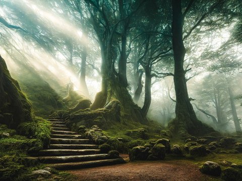 Mystical Forest Stairs Bathed in Sun Rays