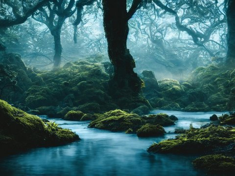 Mystical Forest Stream with Moss-Covered Rocks