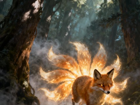 Mystical Fox with Glowing Tails in Enchanted Forest