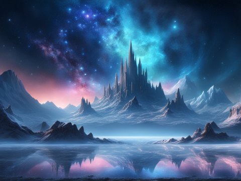 Mystical Frozen Mountain Landscape Under Starry Sky