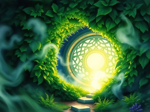 Mystical Glowing Portal Surrounded by Lush Greenery