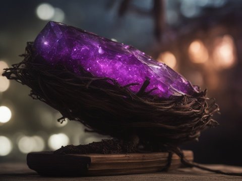 Mystical Glowing Purple Crystal on Wooden Stand