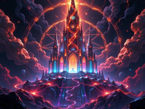Mystical Gothic Cathedral with Fiery Magical Aura