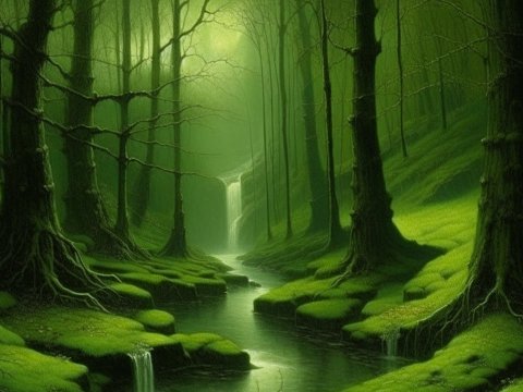 Mystical Green Forest with Waterfalls and Stream