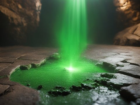 Mystical Green Light Beam in a Rocky Cave