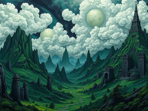 Mystical Green Valley with Ancient Castle and Twin Moons