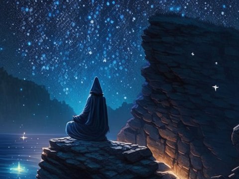 Mystical Hooded Figure Meditating by Rocky Shore Under Starry Sky