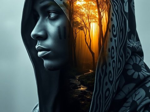 Mystical Hooded Figure with Forest Sunset Within