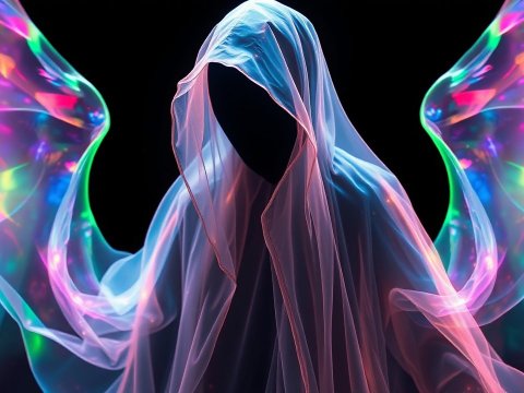 Mystical Hooded Figure with Iridescent Wings