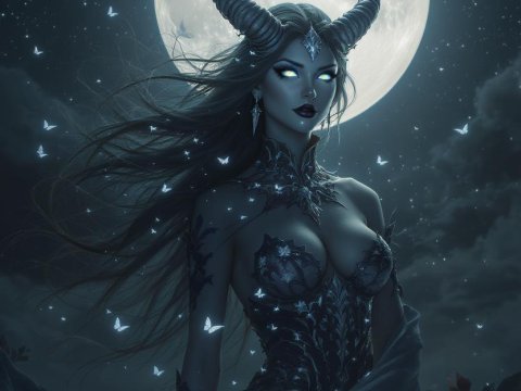 Mystical Horned Sorceress Under Full Moon