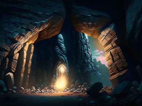 Mystical Illuminated Doorway in a Rocky Cavern