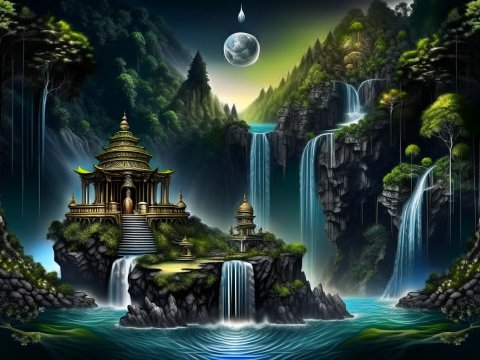 Mystical Indian Temple Amidst Waterfalls and Lush Mountains