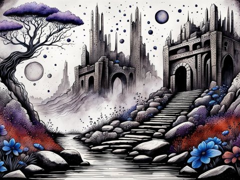 Mystical Ink Wash Landscape with Fantasy Castle and Vibrant Flora