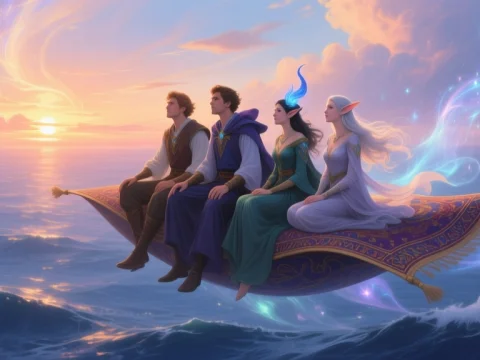 Mystical Journey on a Flying Carpet at Sunset