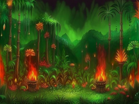 Mystical Jungle Scene with Fiery Torches