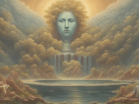 Mystical Landscape with Giant Serene Face and Waterfall